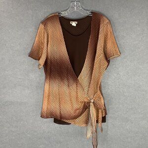 C.O.C. USA Top Women Sz 3X Brown Ombre Lined Short Sleeves Textured Crinkle Wrap